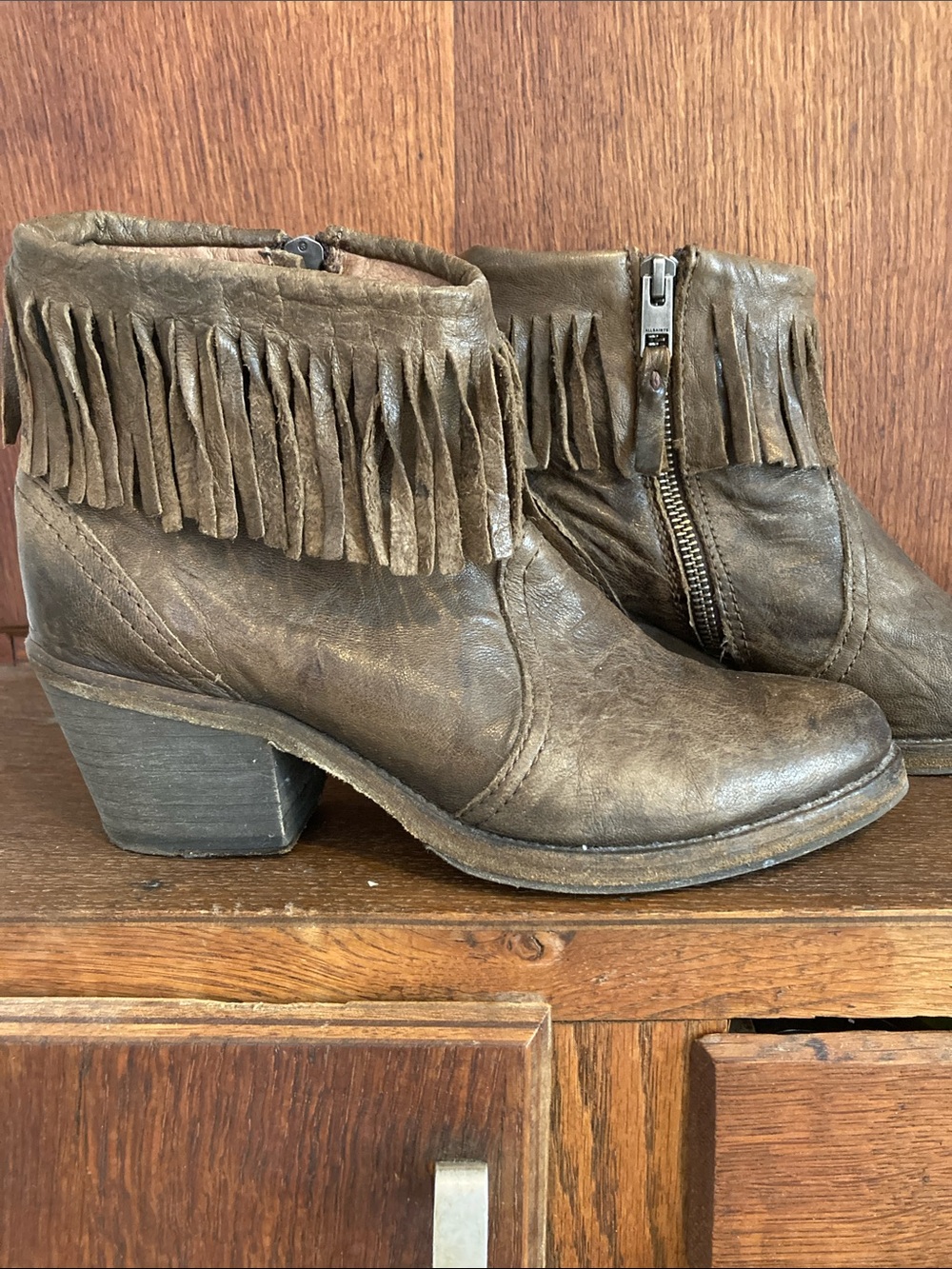 ALL SAINTS Fringe Bonny Booties Y2K sz 38 Weathered Taupe.